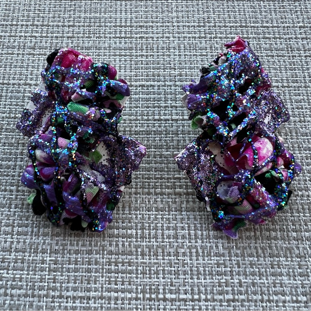 1980’s Cluttercore OOAK Handmade Pierced Earrings Purple Sparkles